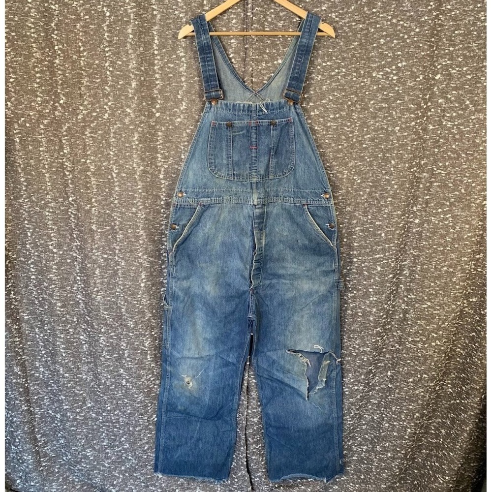 Vintage Big Mac Square Bak Denim Bib Overalls‎ Distressed Workwear Carpenter
